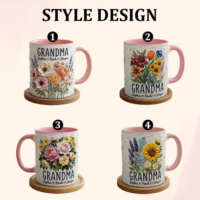 Personalized Floral Grandma Mug 3D, Artistic Portrait Coffee Cup, Oil Painting Effect