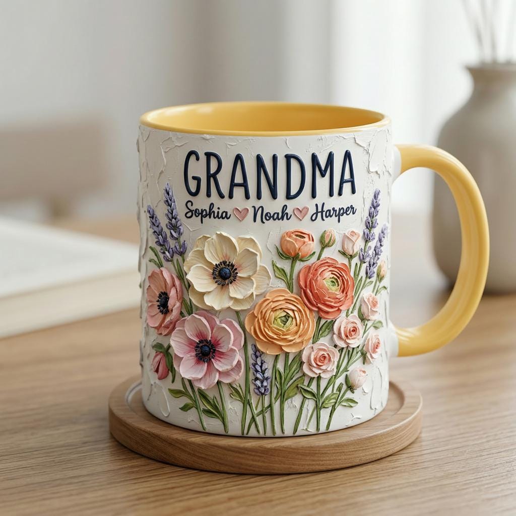 Personalized Floral Grandma Mug 3D, Artistic Portrait Coffee Cup, Oil Painting Effect
