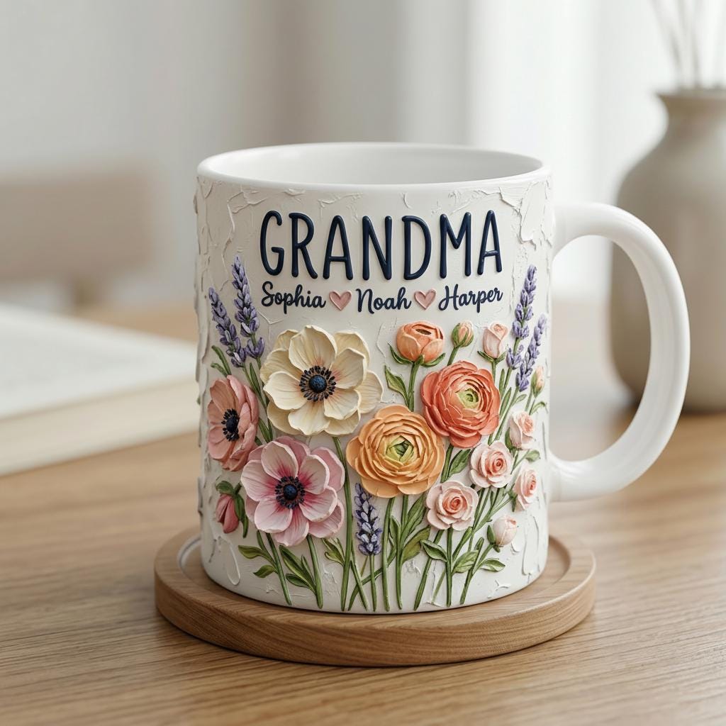 Personalized Floral Grandma Mug 3D, Artistic Portrait Coffee Cup, Oil Painting Effect