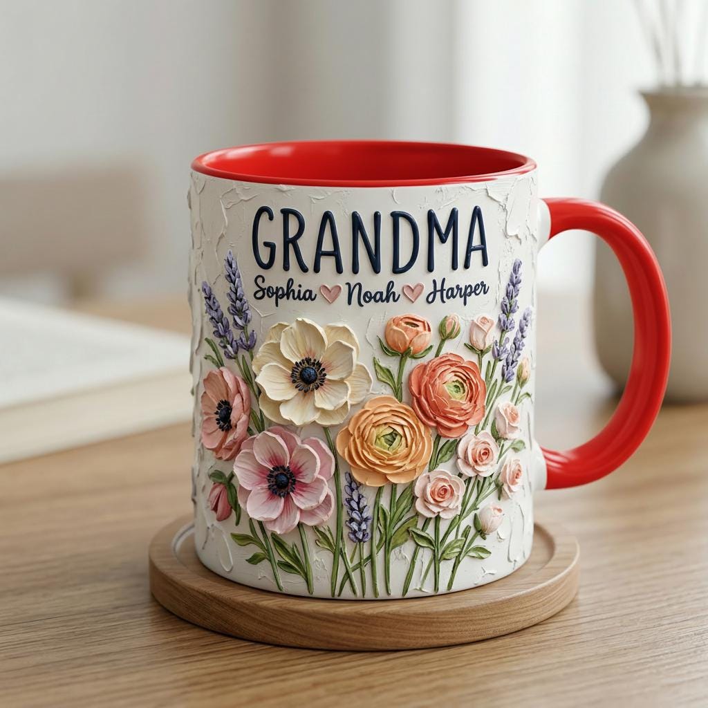 Personalized Floral Grandma Mug 3D, Artistic Portrait Coffee Cup, Oil Painting Effect