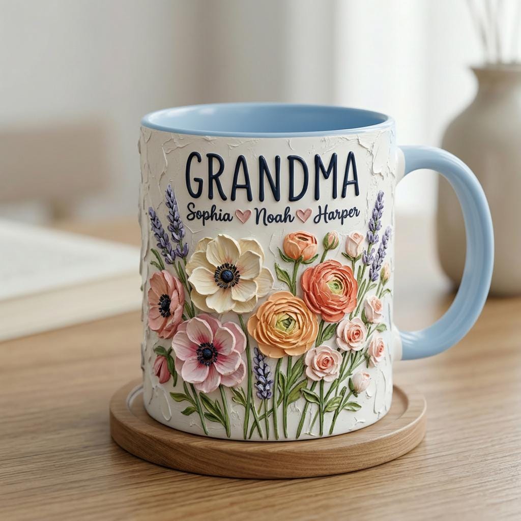 Personalized Floral Grandma Mug 3D, Artistic Portrait Coffee Cup, Oil Painting Effect