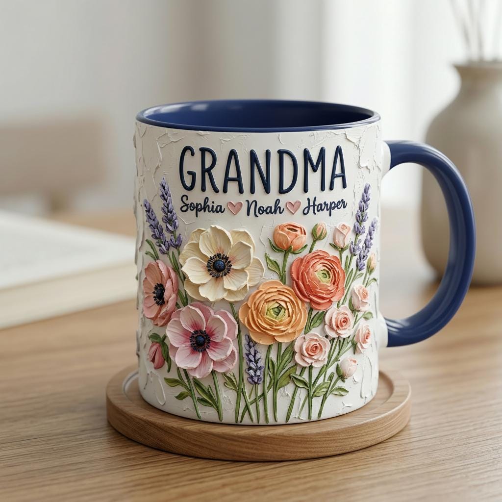 Personalized Floral Grandma Mug 3D, Artistic Portrait Coffee Cup, Oil Painting Effect