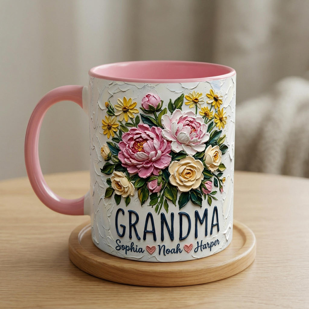 Personalized Floral Grandma Mug 3D, Artistic Portrait Coffee Cup, Oil Painting Effect