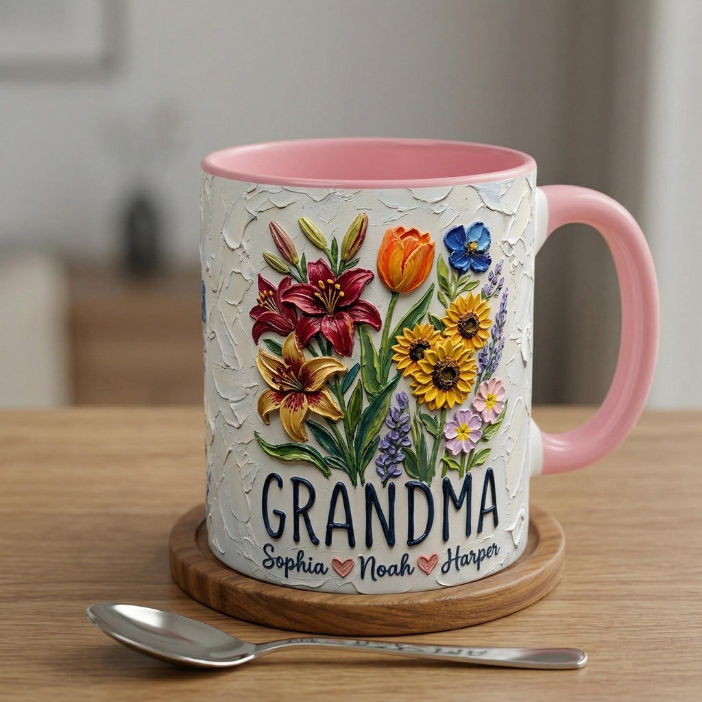 Personalized Floral Grandma Mug 3D, Artistic Portrait Coffee Cup, Oil Painting Effect