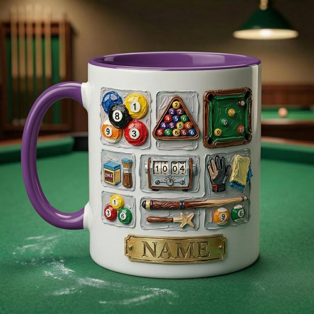 3D Billiard Mug, Vintage Pool Player Gift, Artistic Oil Painting Coffee Cup