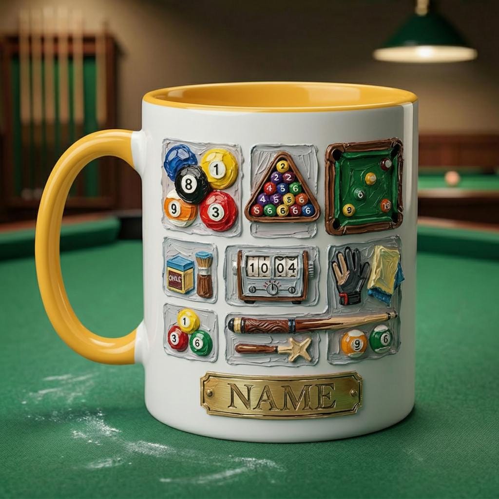 3D Billiard Mug, Vintage Pool Player Gift, Artistic Oil Painting Coffee Cup