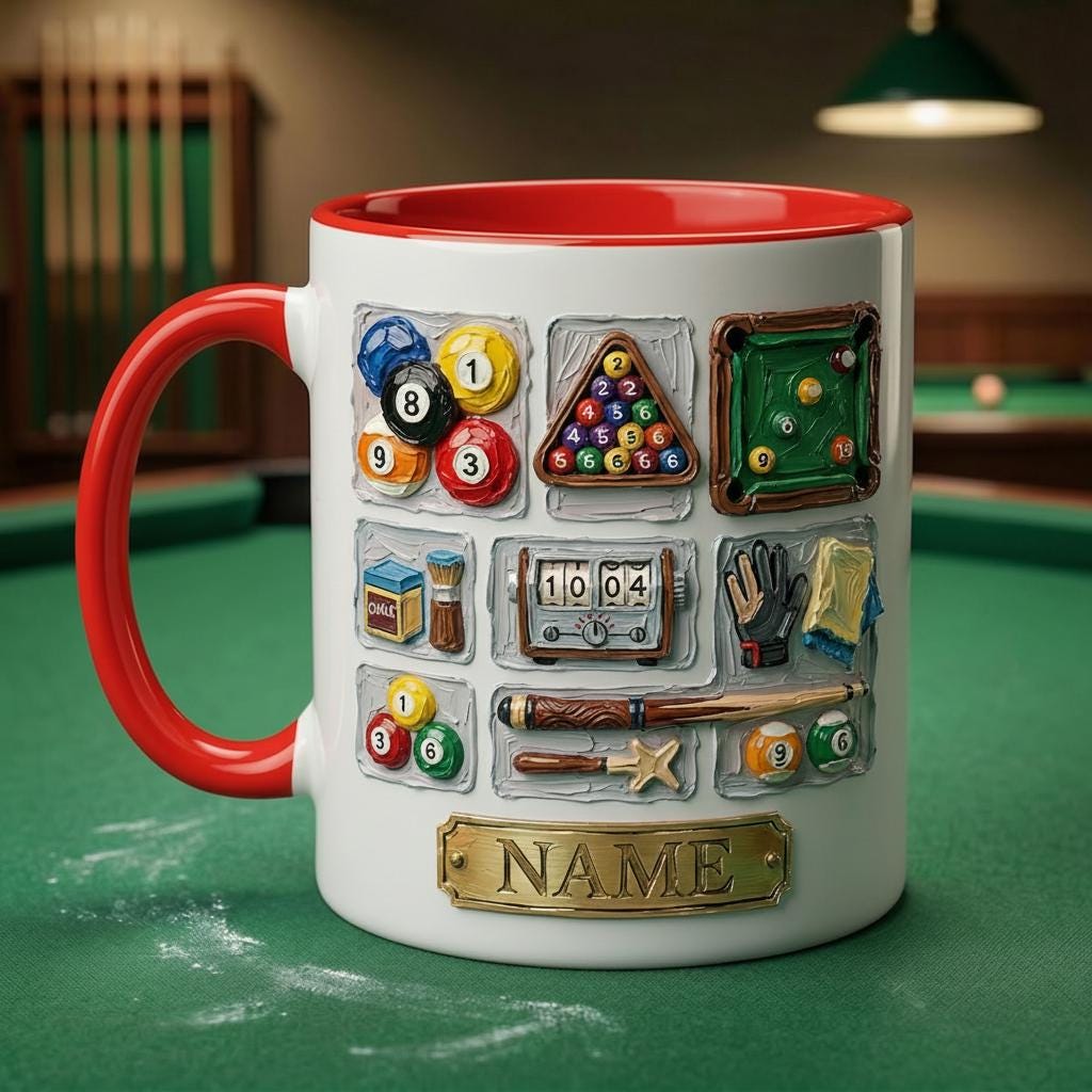 3D Billiard Mug, Vintage Pool Player Gift, Artistic Oil Painting Coffee Cup