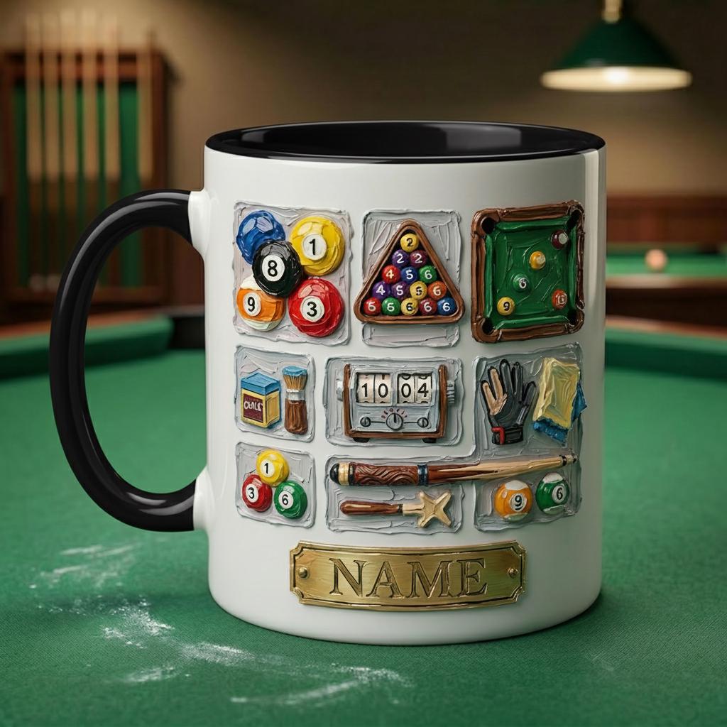 3D Billiard Mug, Vintage Pool Player Gift, Artistic Oil Painting Coffee Cup