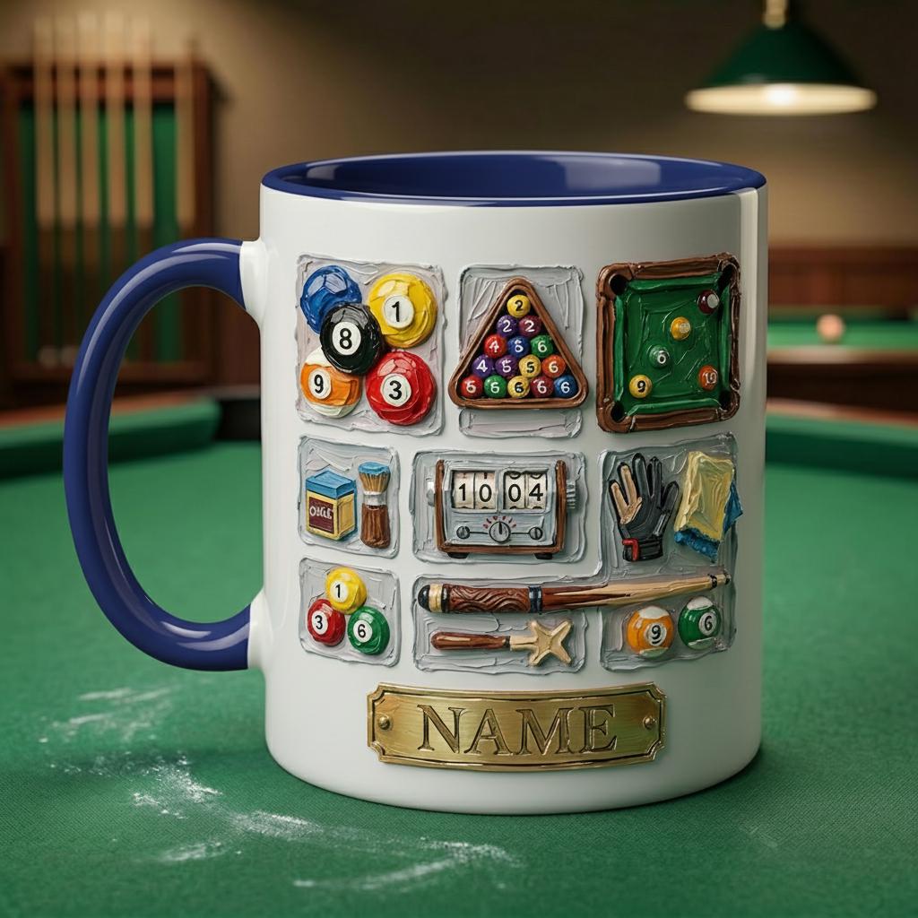 3D Billiard Mug, Vintage Pool Player Gift, Artistic Oil Painting Coffee Cup