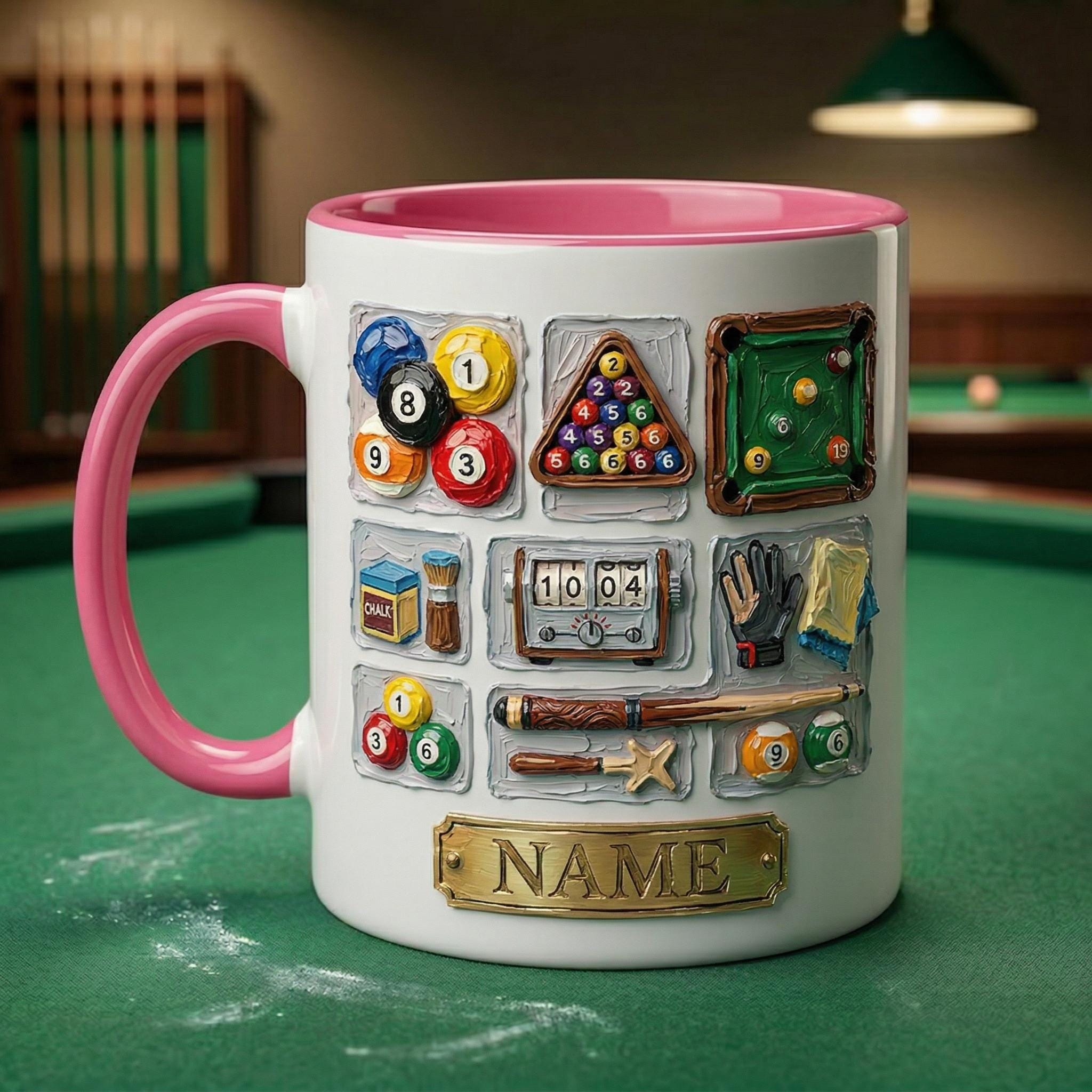 3D Billiard Mug, Vintage Pool Player Gift, Artistic Oil Painting Coffee Cup