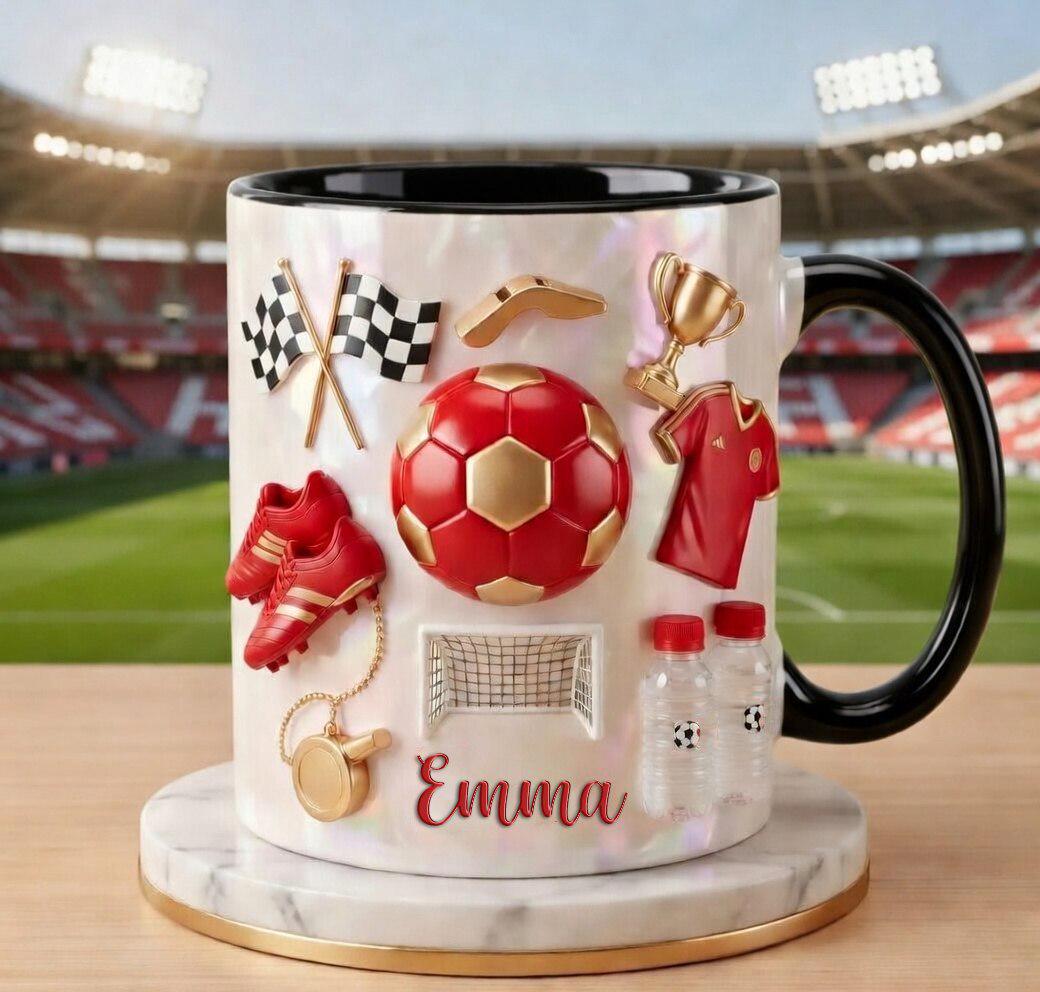 Personalized Soccer Faux 3D Effect Mug, Crystal Style Soccer Icons, Gift For Fan