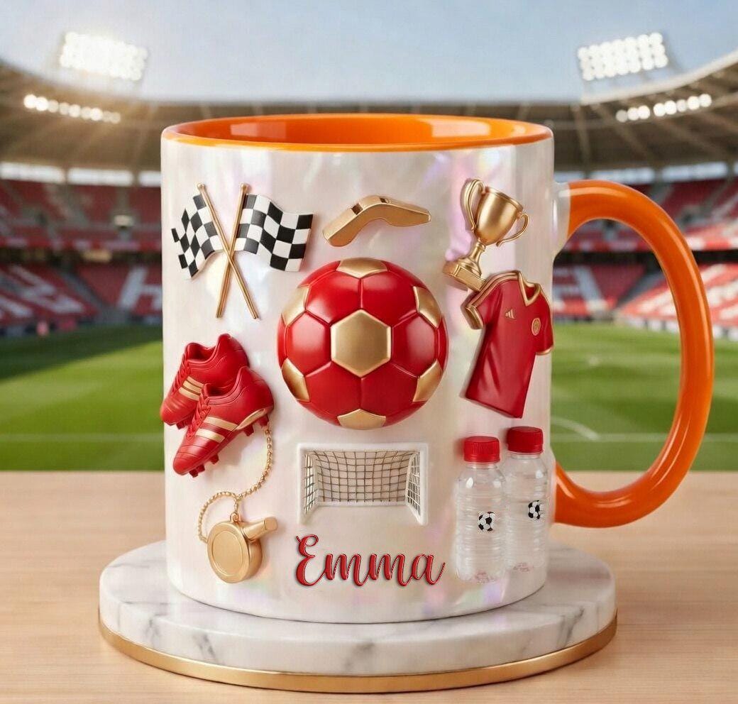 Personalized Soccer Faux 3D Effect Mug, Crystal Style Soccer Icons, Gift For Fan