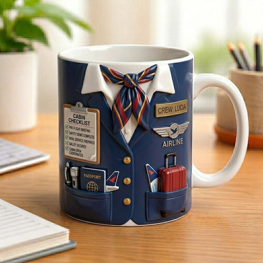 Personalized Flight Attendant Mug Custom Cabin Crew Coffee Cup 3D Illusion Print Stewardess Uniform Gift For Aviation Lover Printed Only