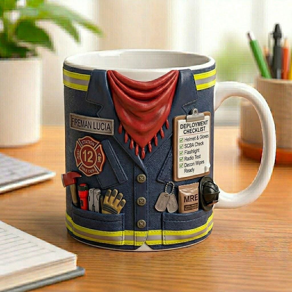Personalized Firefighter Mug Custom Fireman Coffee Cup 3D Illusion Turnout Gear First Responder Gift For Fire Department Printed Only