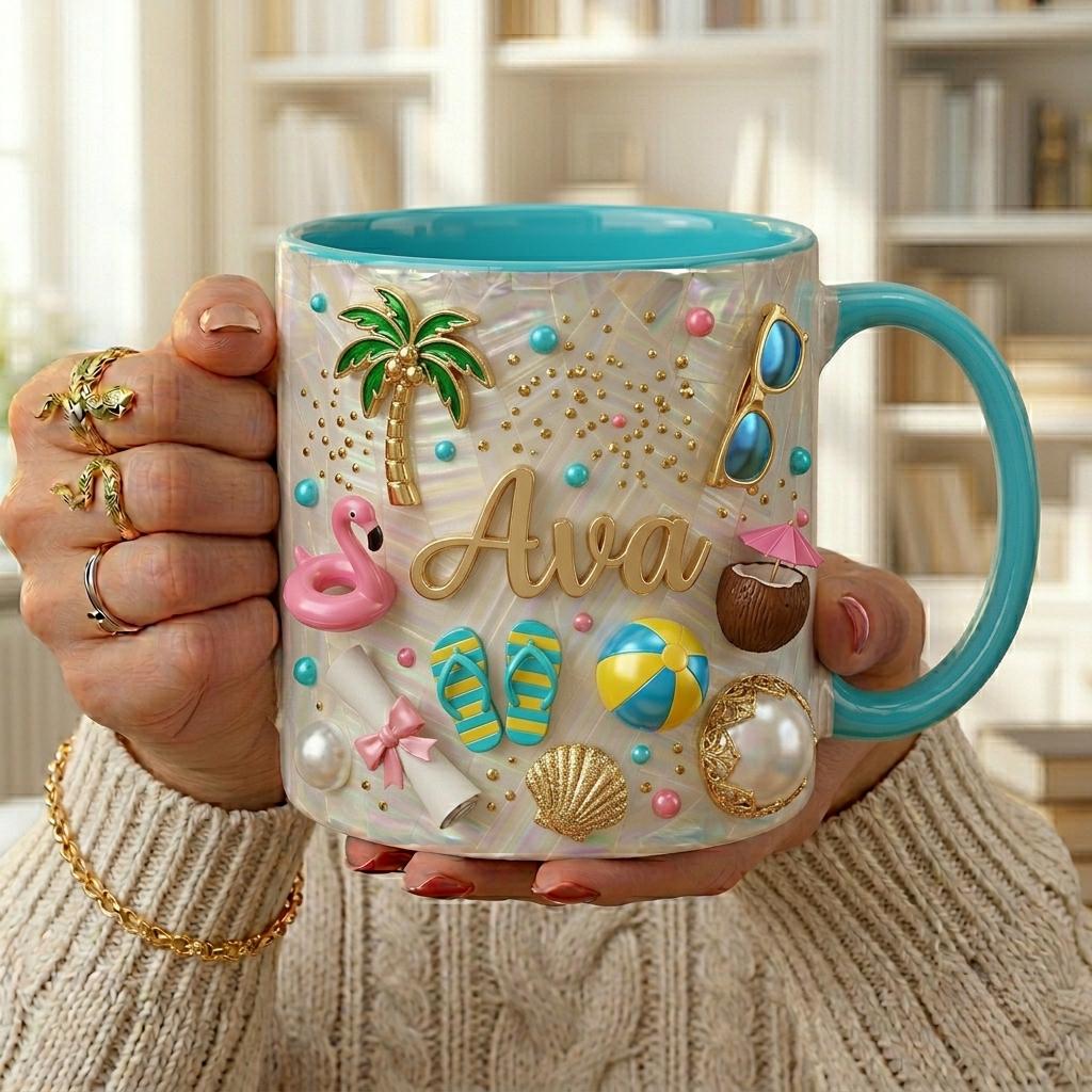 Personalized Beach Mug with Name, Summer Vacation Gift for Her, Travel Lover Coffee Cup, Tropical Beach Mug, Custom Cute Summer Gift