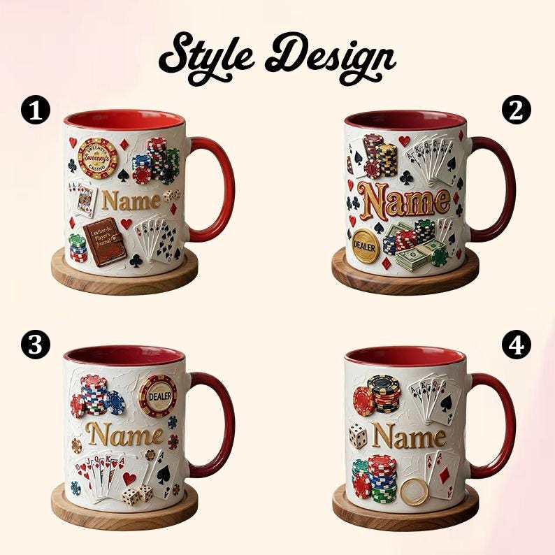 Personalized Poker Mug, Casino Style Coffee Cup, Oil Painting Effect, Card Game Player Gift