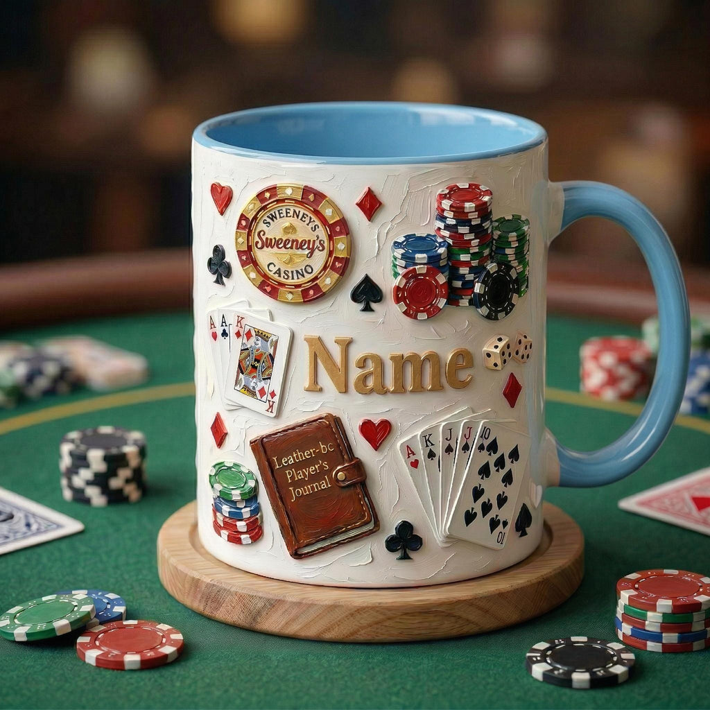 Personalized Poker Mug, Casino Style Coffee Cup, Oil Painting Effect, Card Game Player Gift
