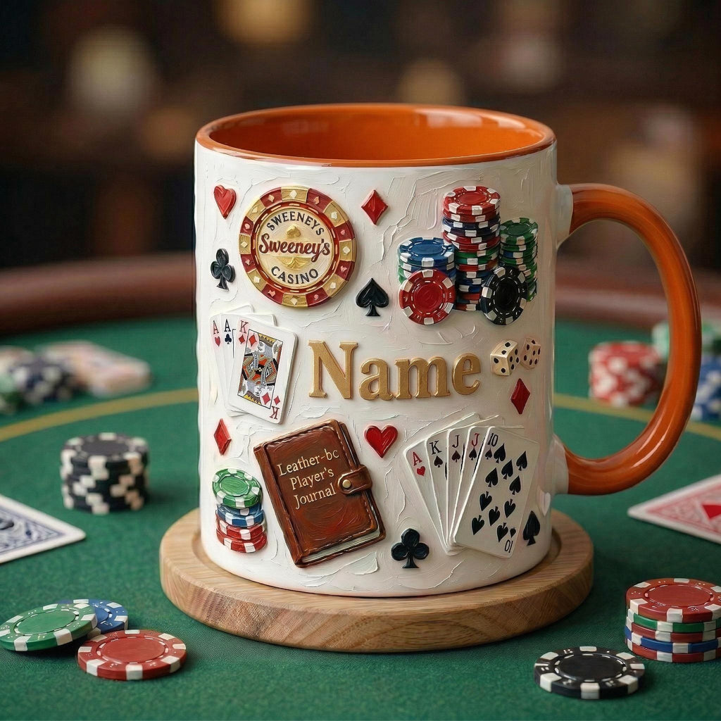 Personalized Poker Mug, Casino Style Coffee Cup, Oil Painting Effect, Card Game Player Gift