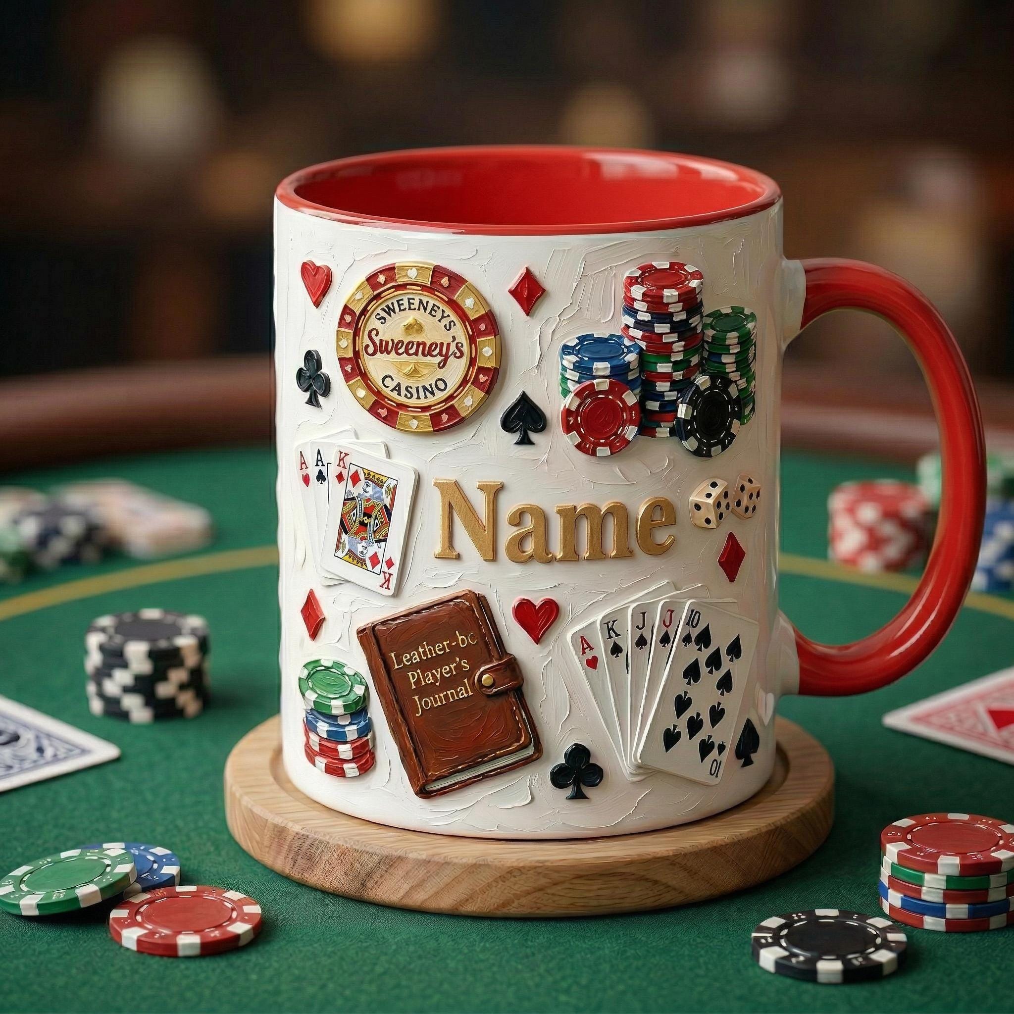 Personalized Poker Mug, Casino Style Coffee Cup, Oil Painting Effect, Card Game Player Gift