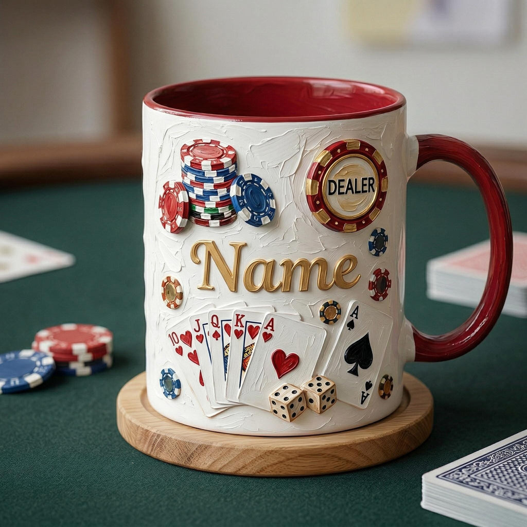 Personalized Poker Mug, Casino Style Coffee Cup, Oil Painting Effect, Card Game Player Gift