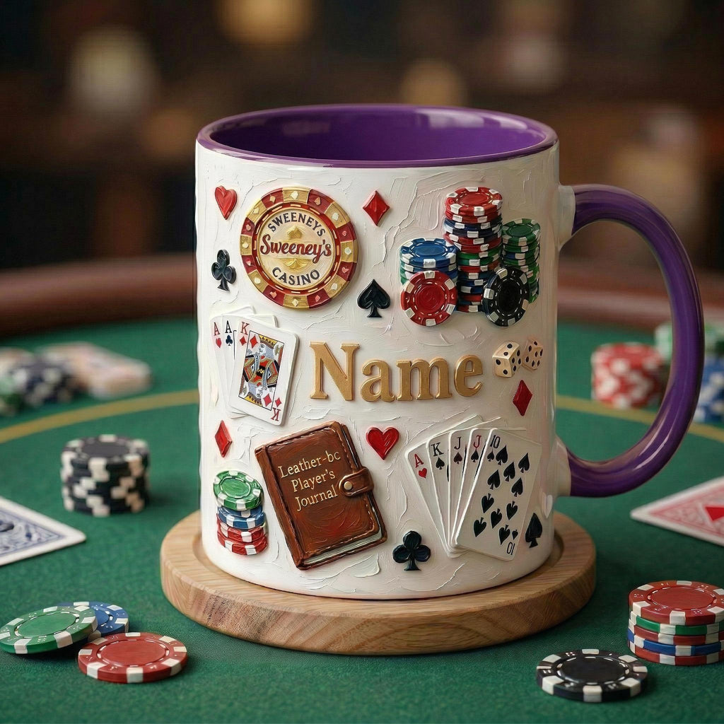 Personalized Poker Mug, Casino Style Coffee Cup, Oil Painting Effect, Card Game Player Gift