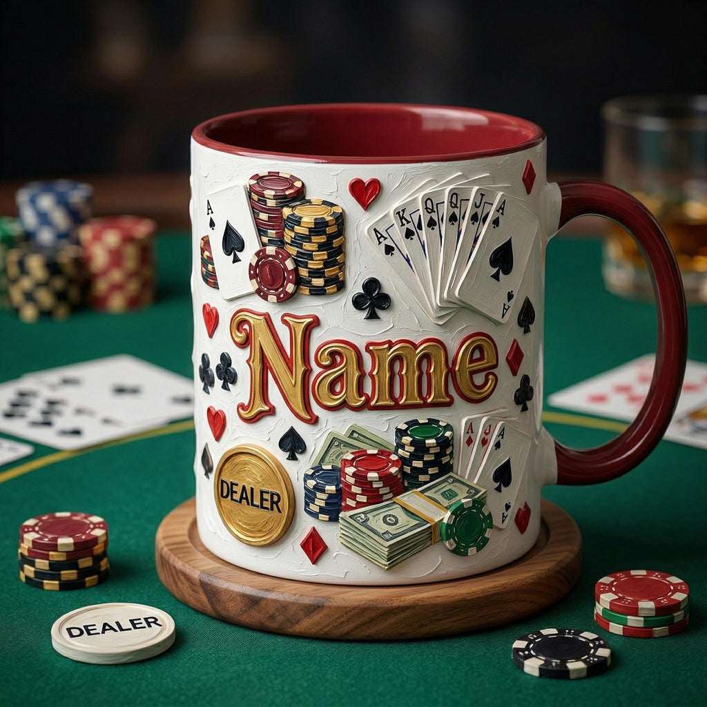 Personalized Poker Mug, Casino Style Coffee Cup, Oil Painting Effect, Card Game Player Gift