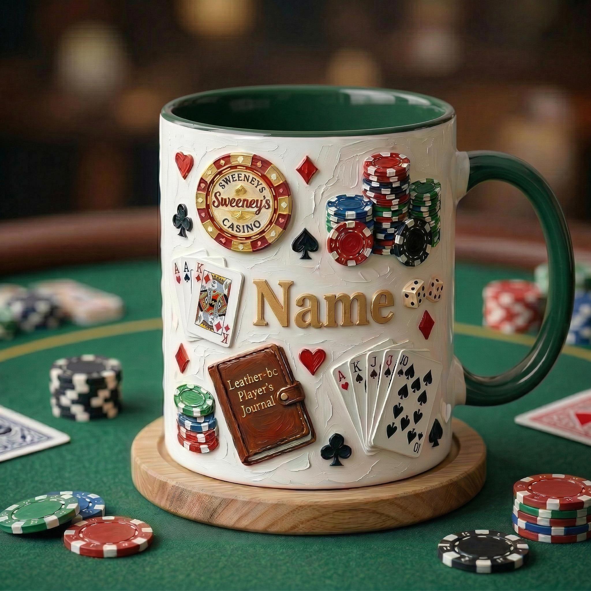 Personalized Poker Mug, Casino Style Coffee Cup, Oil Painting Effect, Card Game Player Gift