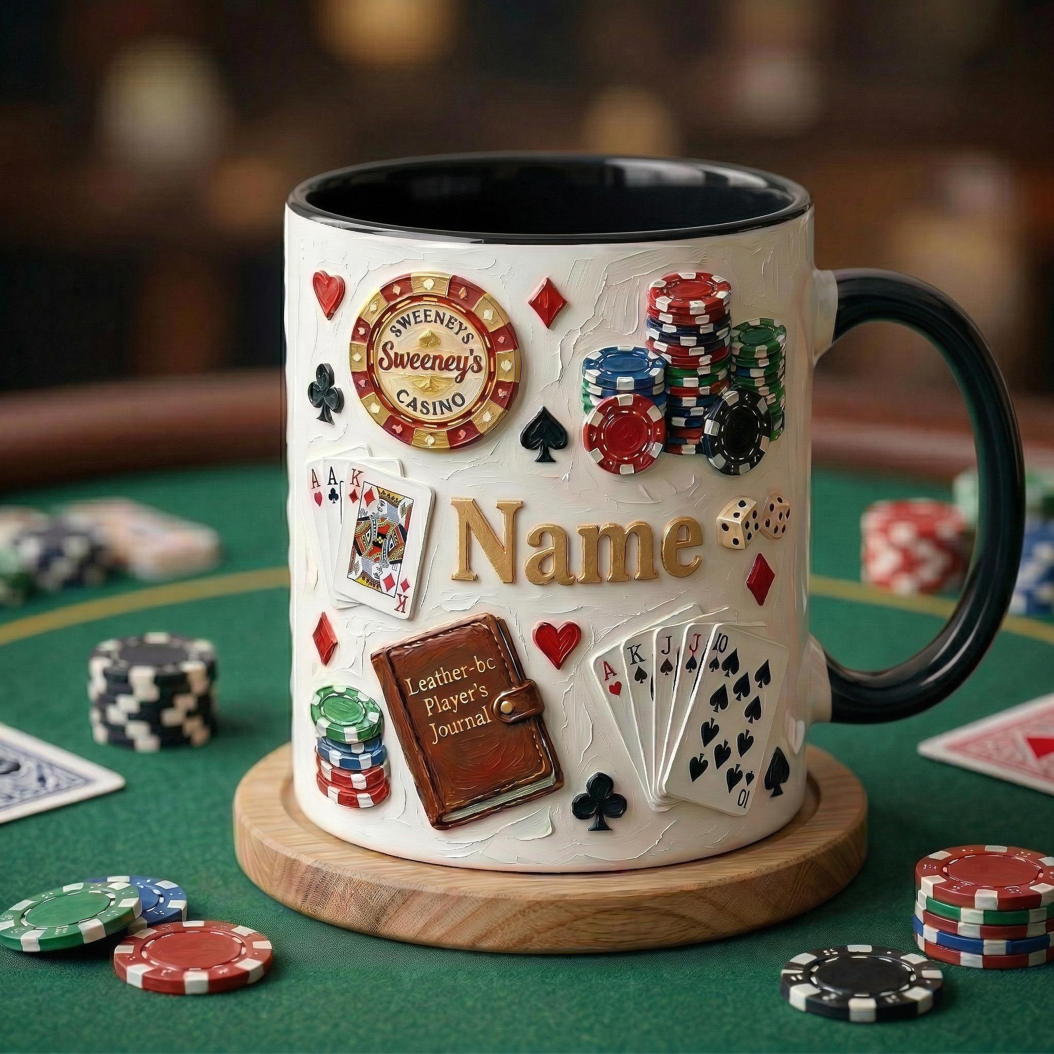 Personalized Poker Mug, Casino Style Coffee Cup, Oil Painting Effect, Card Game Player Gift