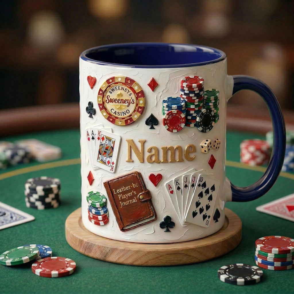 Personalized Poker Mug, Casino Style Coffee Cup, Oil Painting Effect, Card Game Player Gift