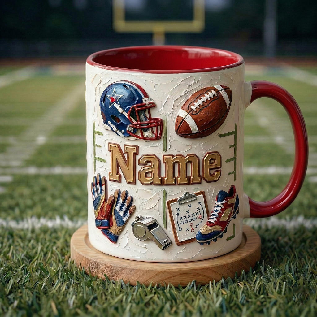 Personalized Football Mug, 3D Game Day Coffee Cup, Oil Painting Effect