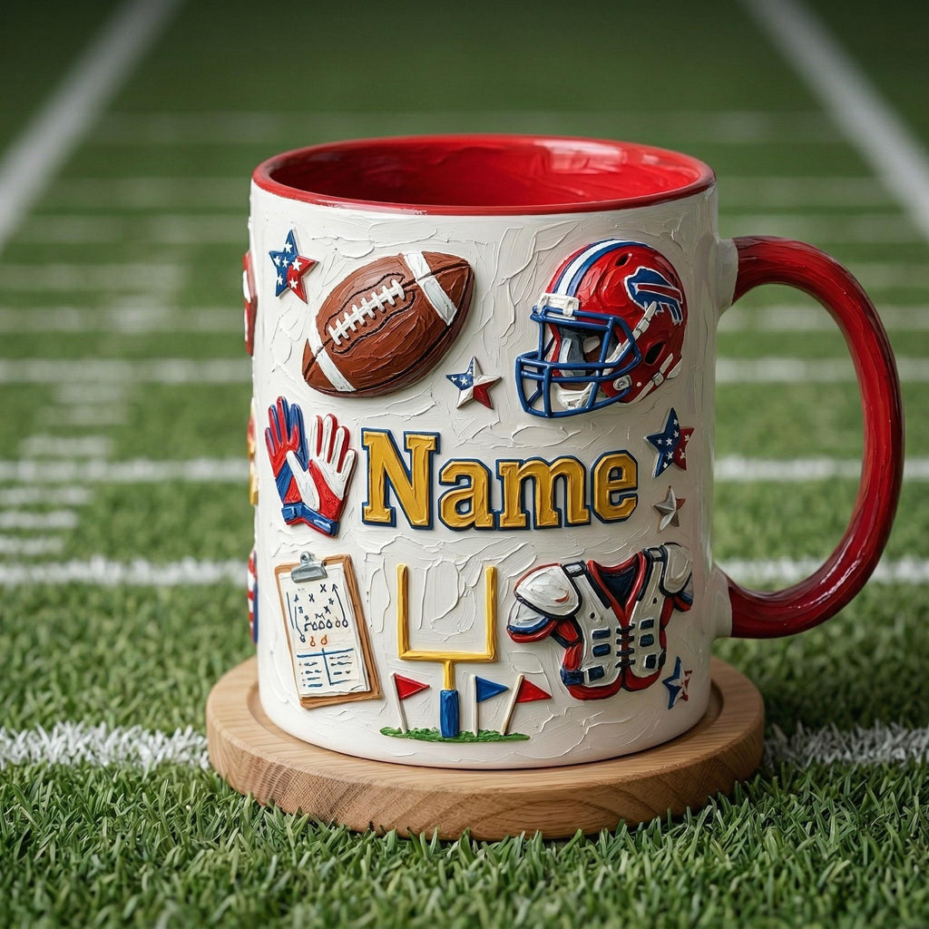 Personalized Football Mug, 3D Game Day Coffee Cup, Oil Painting Effect