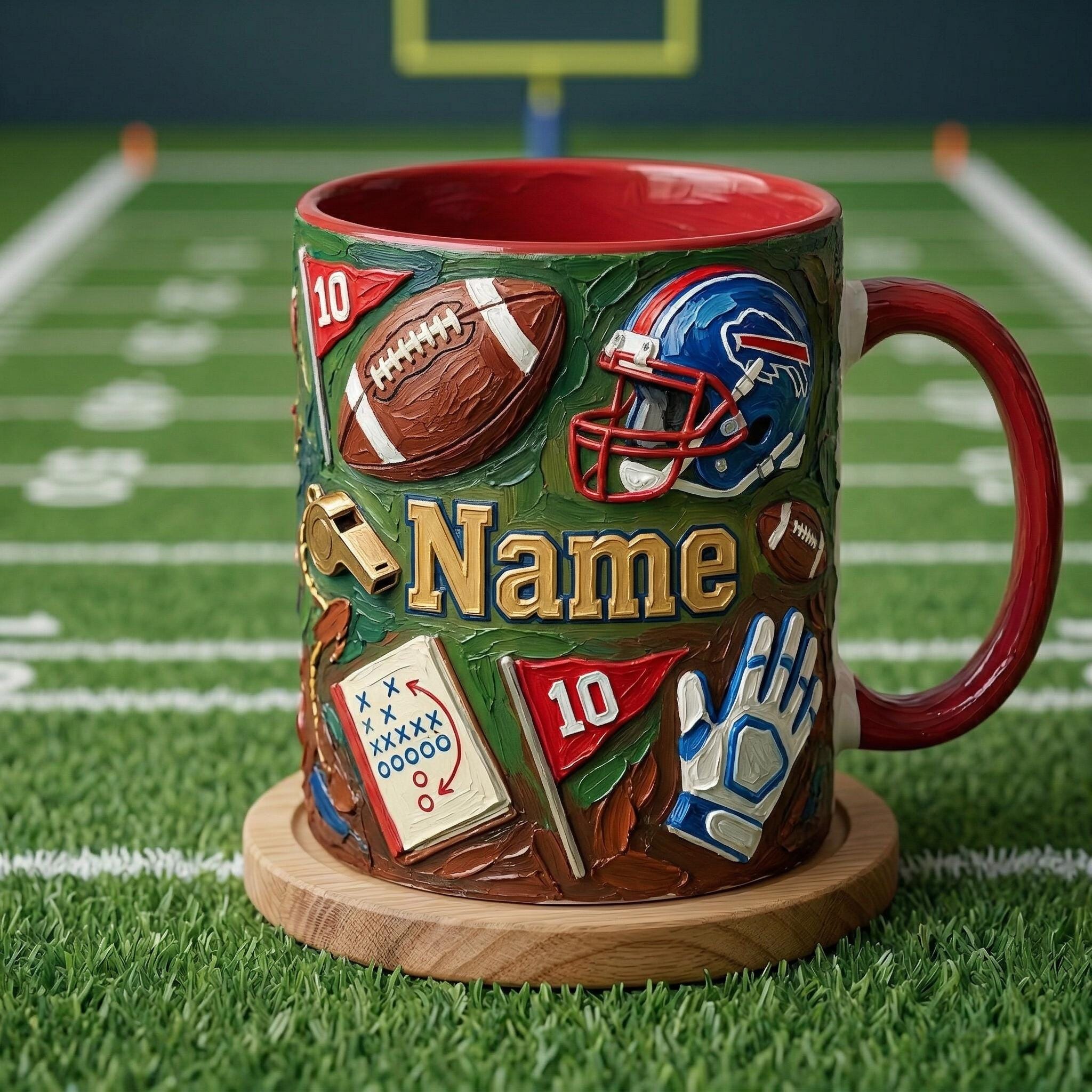 Personalized Football Mug, 3D Game Day Coffee Cup, Oil Painting Effect
