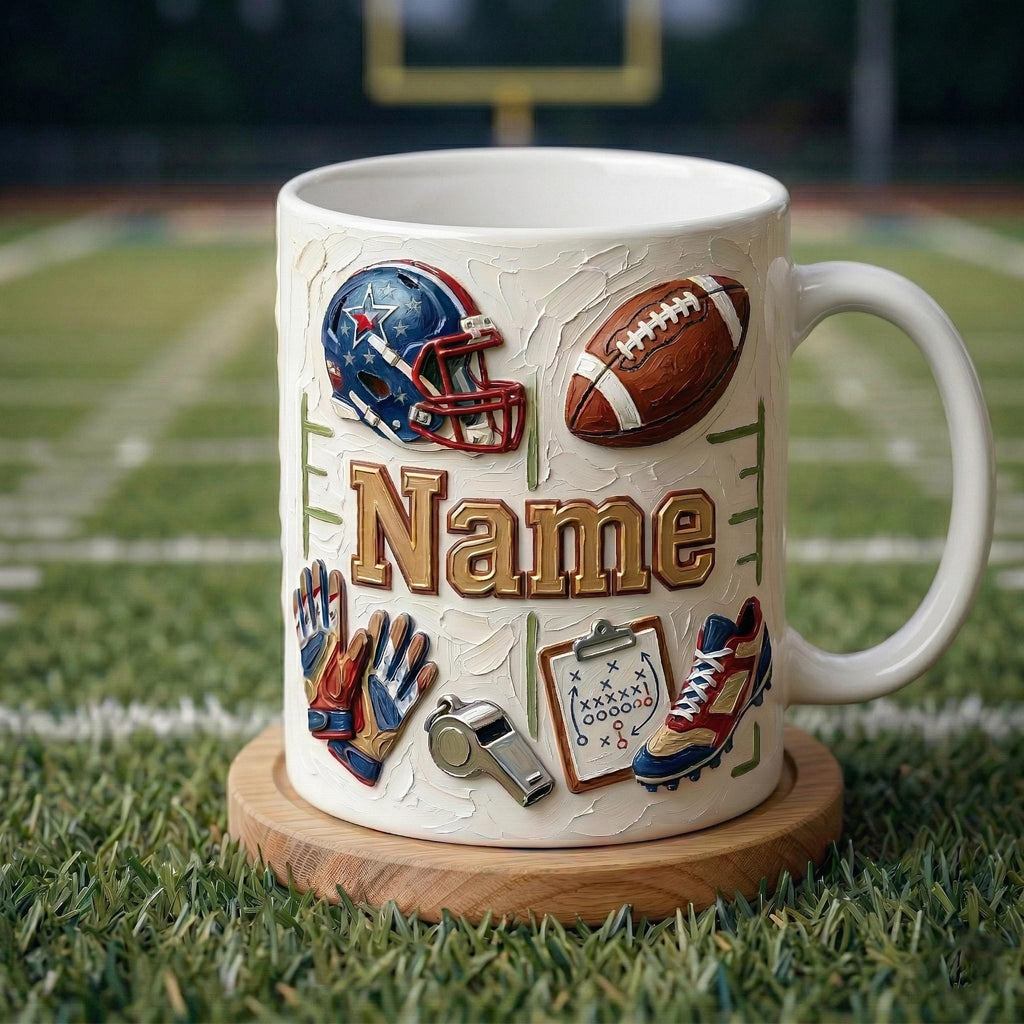 Personalized Football Mug, 3D Game Day Coffee Cup, Oil Painting Effect