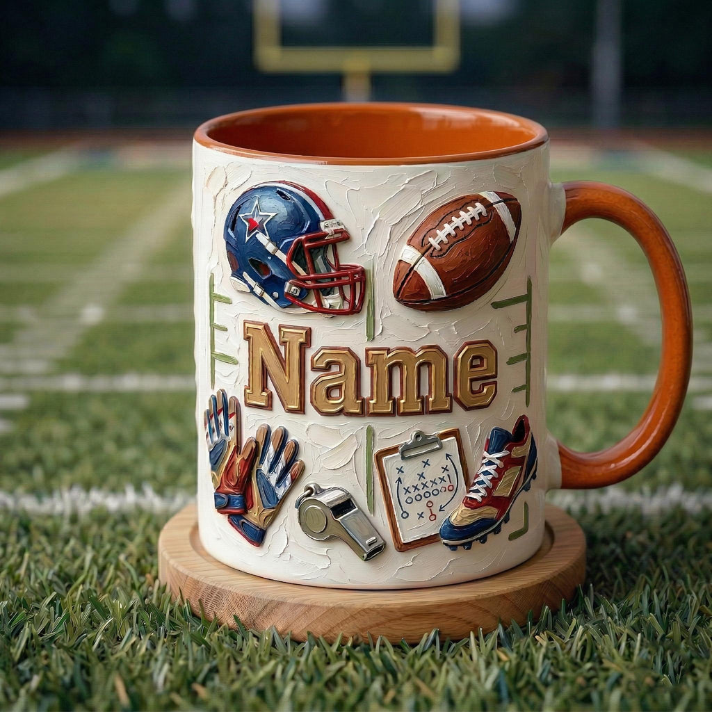 Personalized Football Mug, 3D Game Day Coffee Cup, Oil Painting Effect