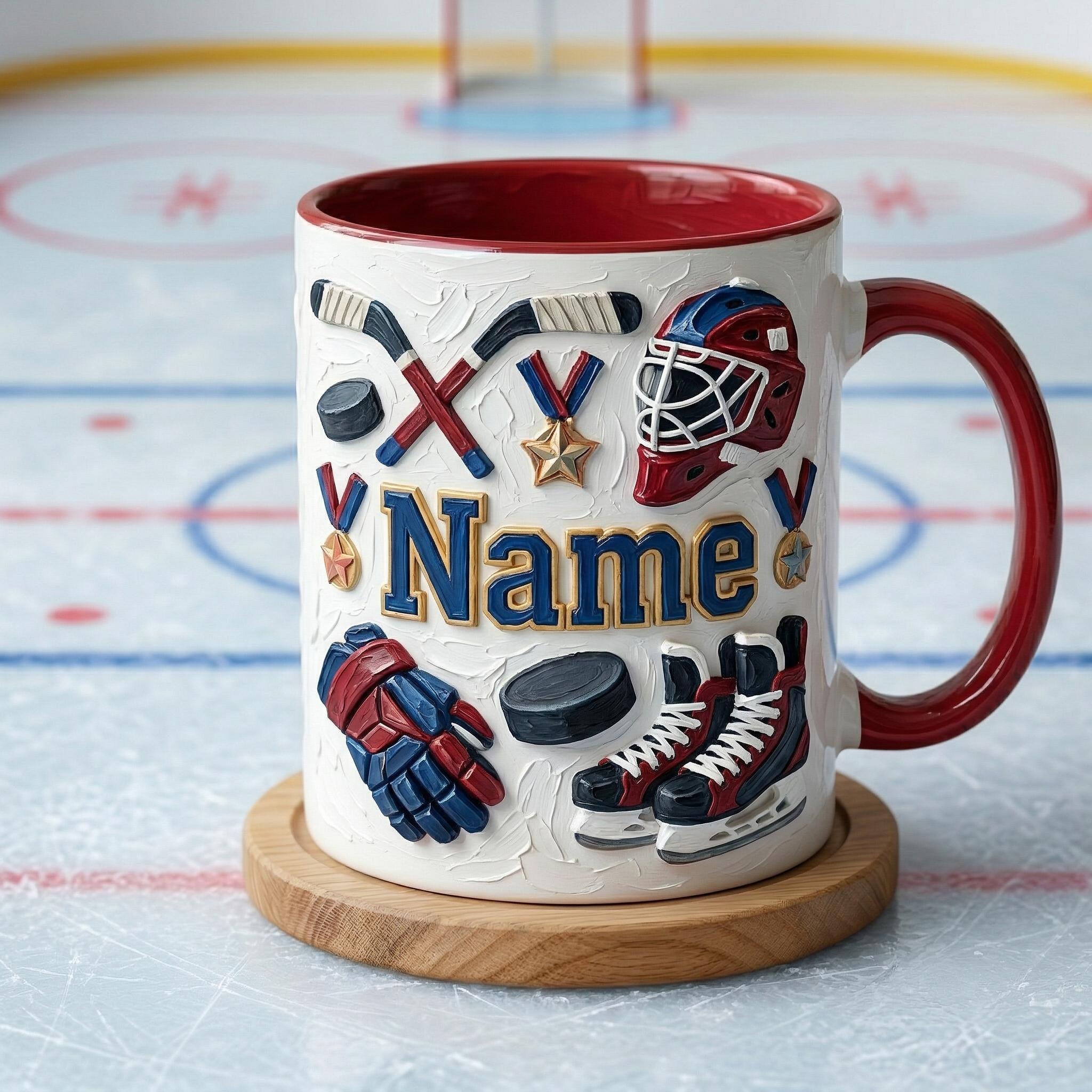 Personalized Ice Hockey Mug 3D, Hockey Fan Gift, Oil Painting Effect Coffee Cup