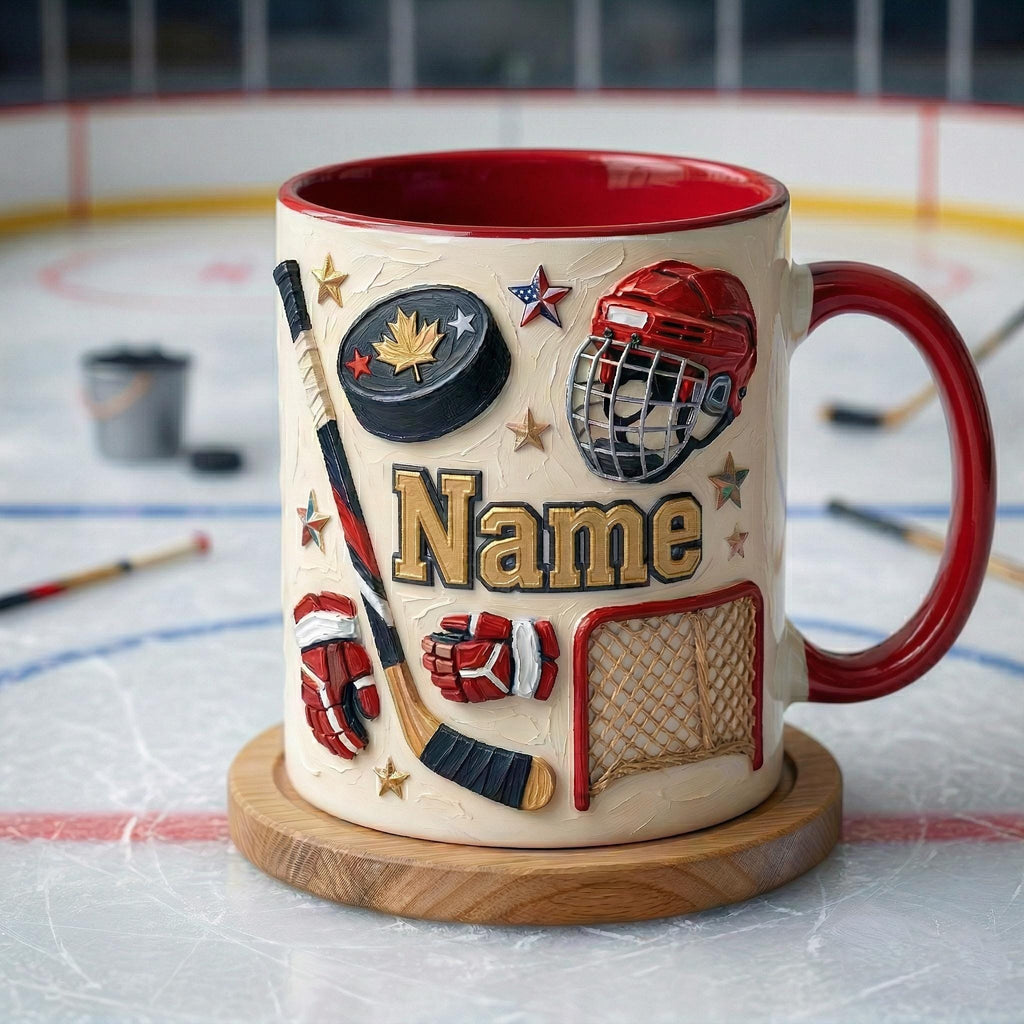 Personalized Ice Hockey Mug 3D, Hockey Fan Gift, Oil Painting Effect Coffee Cup