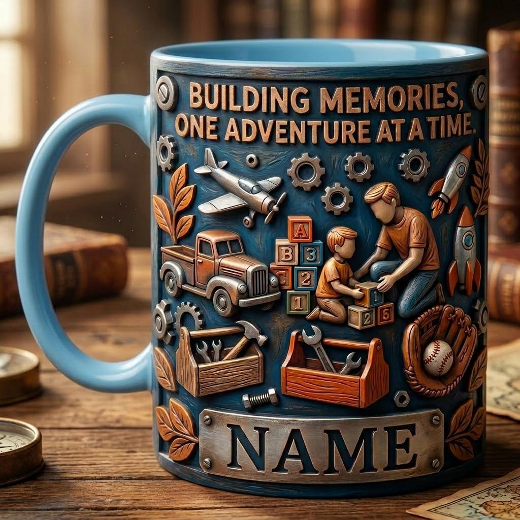 Personalized Dad Son Building Memories Mug, Fathers Day Gift, Faux 3D Effect Cup
