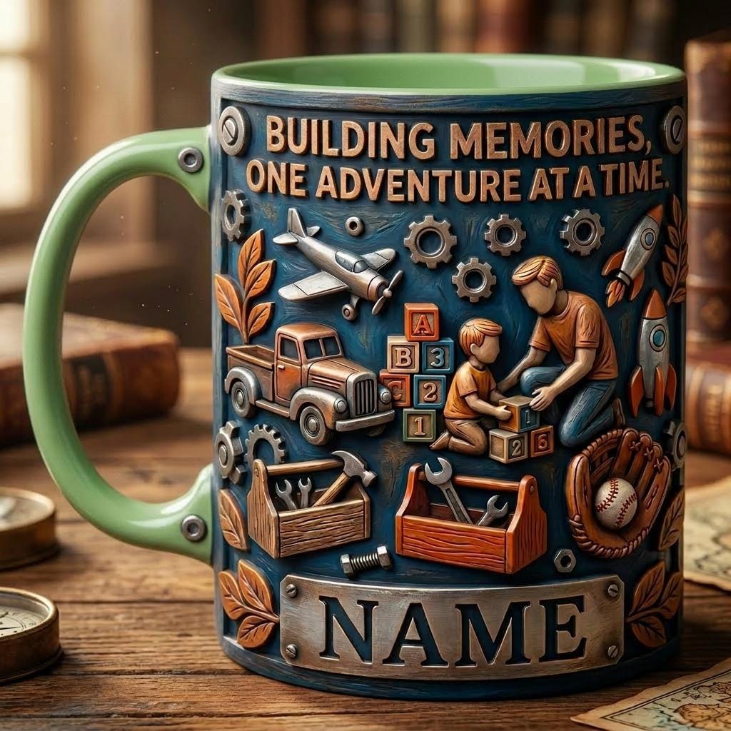 Personalized Dad Son Building Memories Mug, Fathers Day Gift, Faux 3D Effect Cup