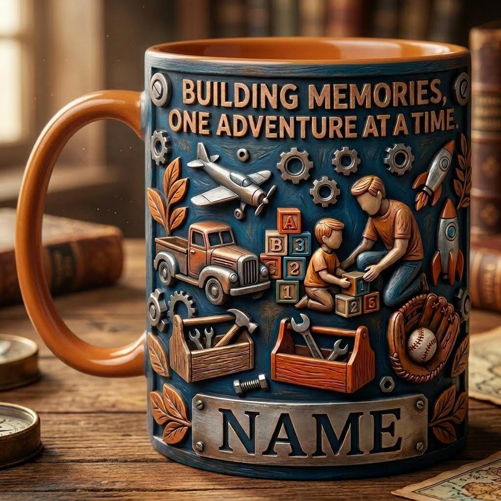 Personalized Dad Son Building Memories Mug, Fathers Day Gift, Faux 3D Effect Cup
