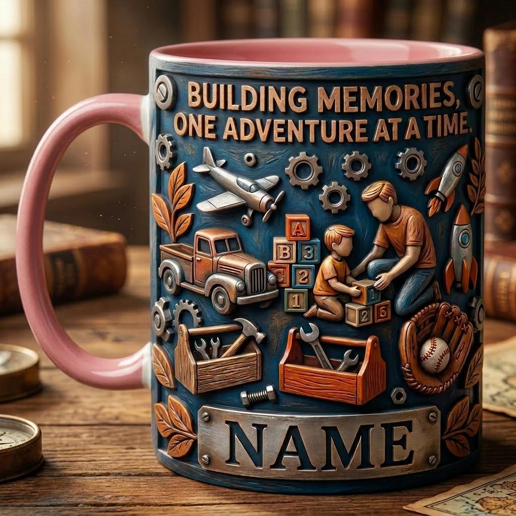 Personalized Dad Son Building Memories Mug, Fathers Day Gift, Faux 3D Effect Cup