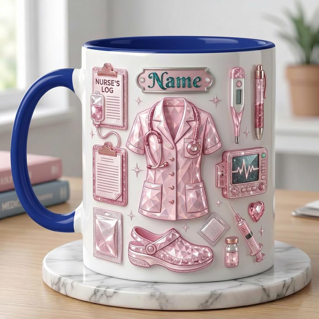 Personalized Nurse Life 3D Embossed Mug, Crystal Style Medical Icons, Gift For Nurses