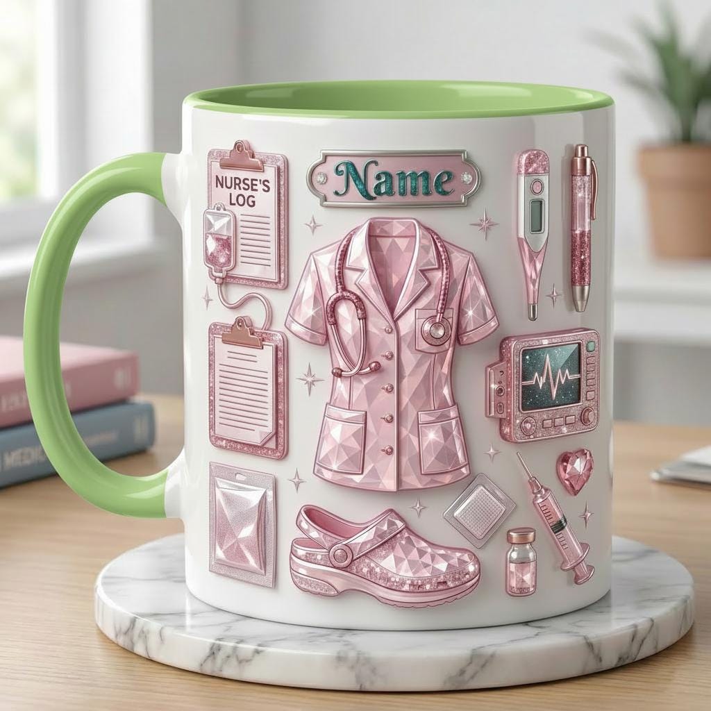 Personalized Nurse Life 3D Embossed Mug, Crystal Style Medical Icons, Gift For Nurses