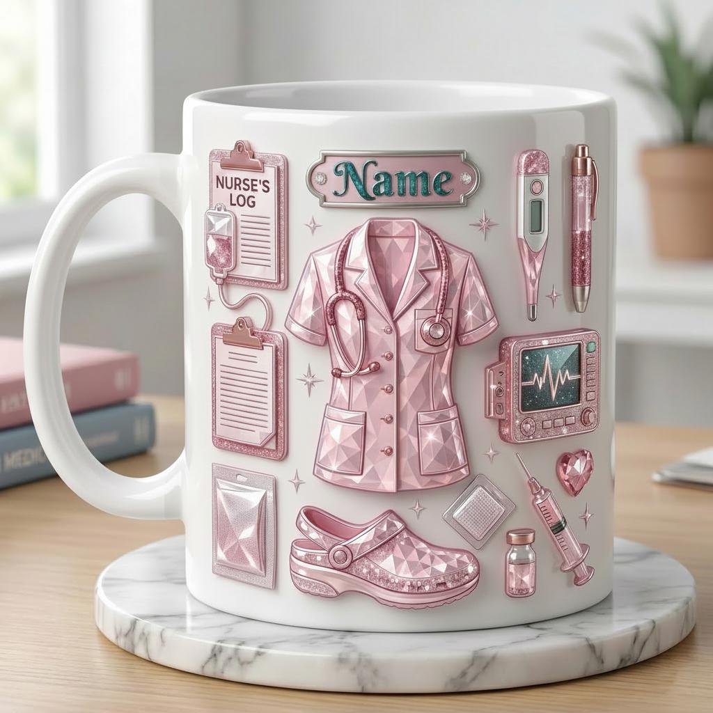 Personalized Nurse Life 3D Embossed Mug, Crystal Style Medical Icons, Gift For Nurses