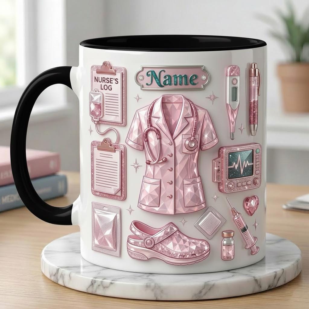 Personalized Nurse Life 3D Embossed Mug, Crystal Style Medical Icons, Gift For Nurses