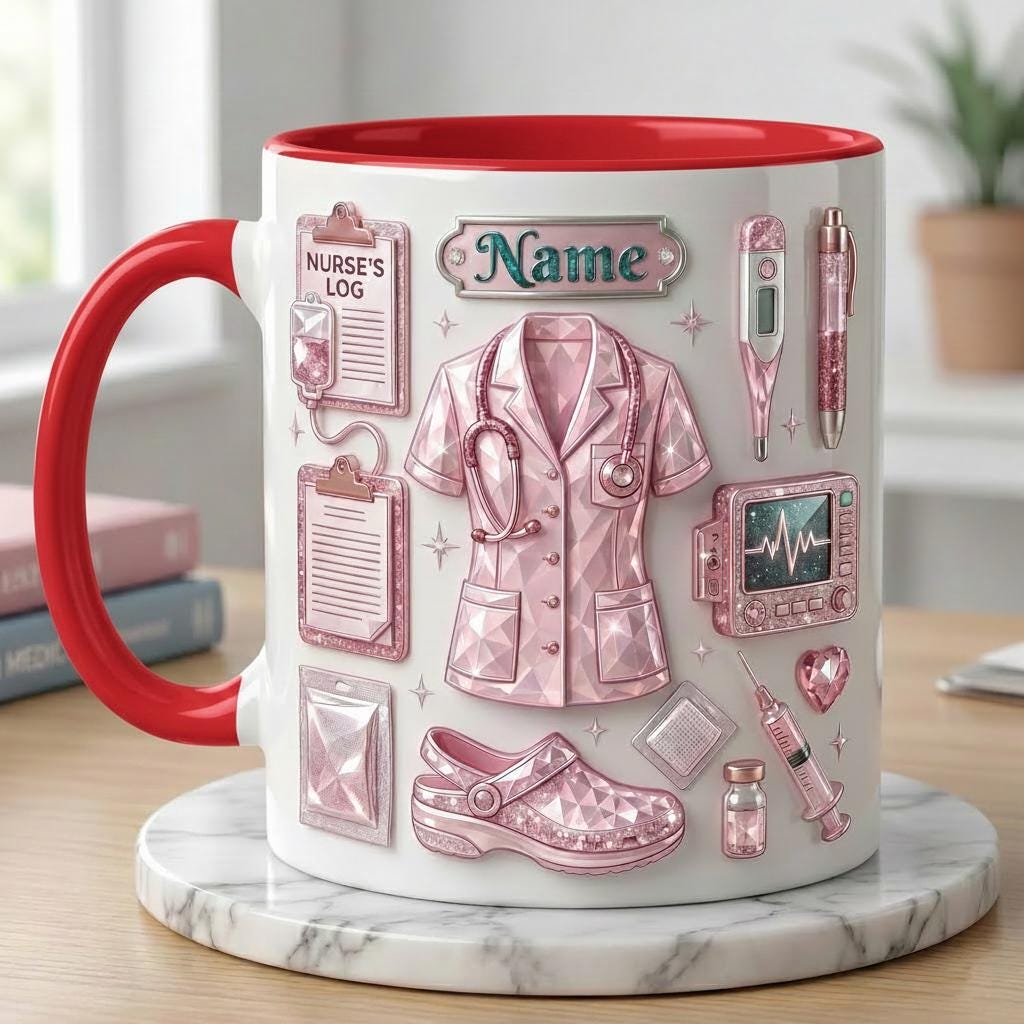 Personalized Nurse Life 3D Embossed Mug, Crystal Style Medical Icons, Gift For Nurses