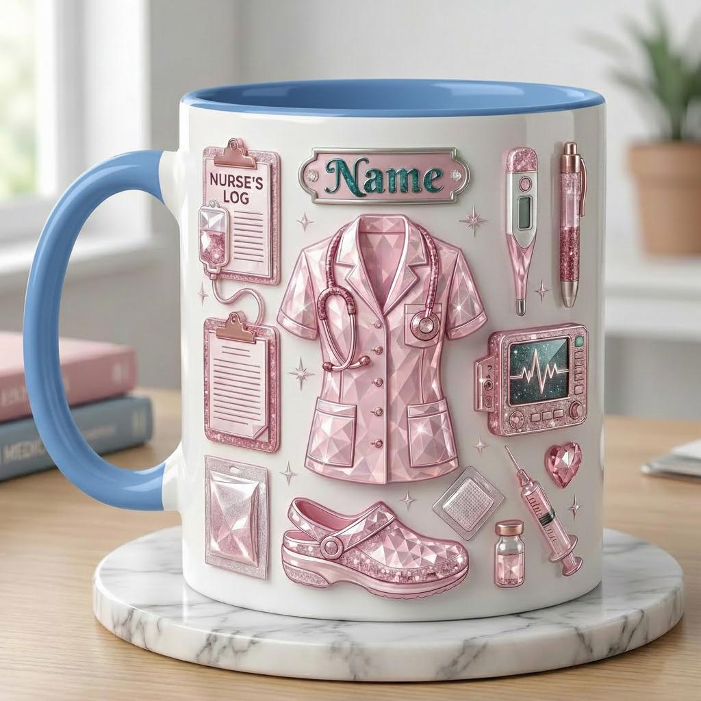 Personalized Nurse Life 3D Embossed Mug, Crystal Style Medical Icons, Gift For Nurses