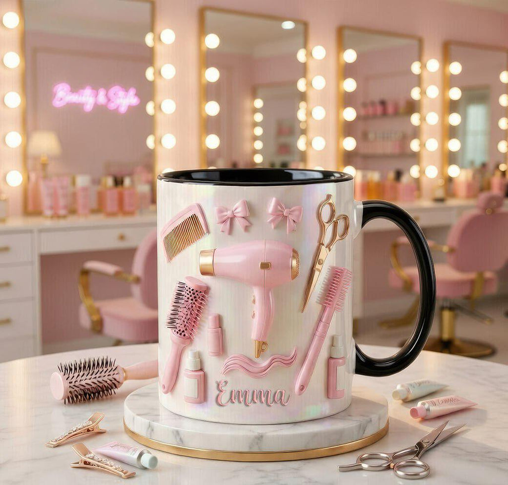 Personalized Hairstylist Faux 3D Effect Mug, Salon Decor, Hairdresser Gift, 2D Flat