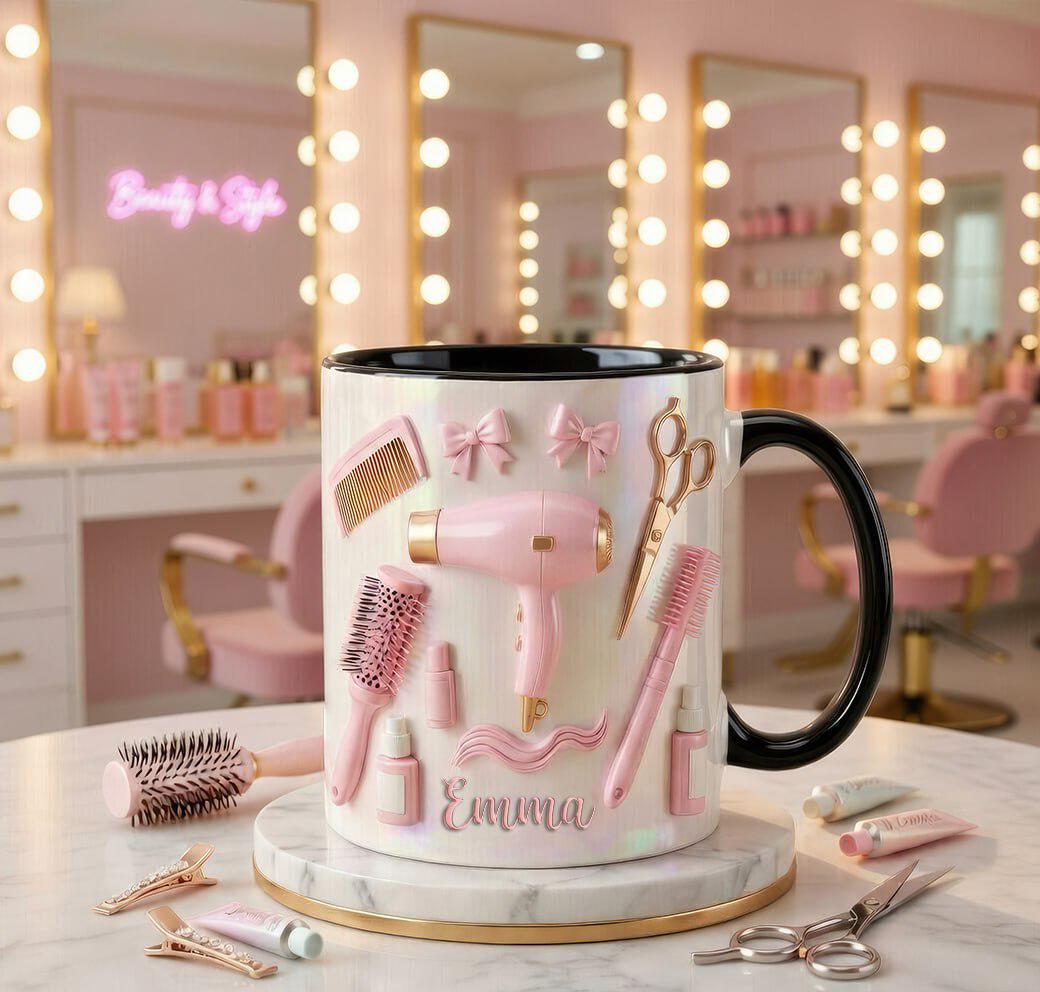 Personalized Hairstylist Faux 3D Effect Mug, Salon Decor, Hairdresser Gift, 2D Flat