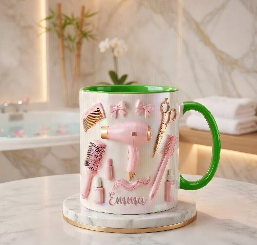 Personalized Hairstylist Faux 3D Effect Mug, Salon Decor, Hairdresser Gift, 2D Flat