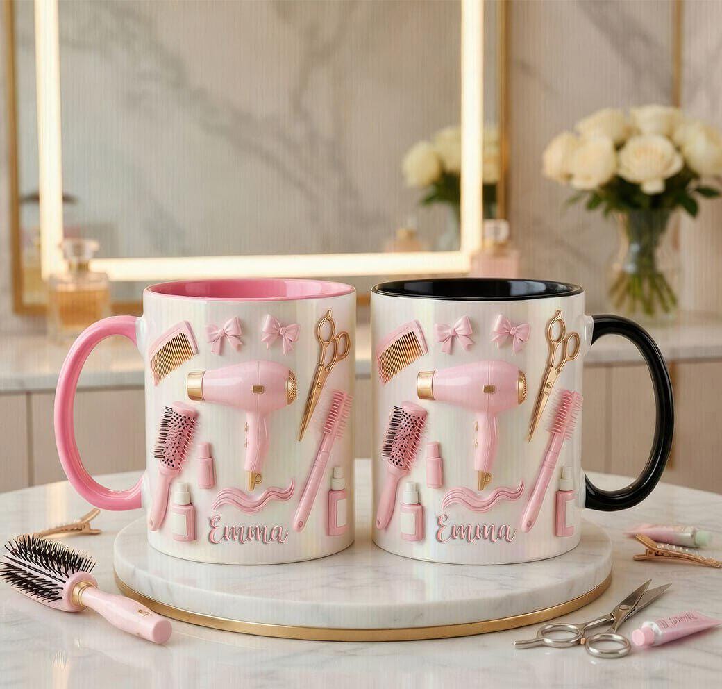 Personalized Hairstylist Faux 3D Effect Mug, Salon Decor, Hairdresser Gift, 2D Flat